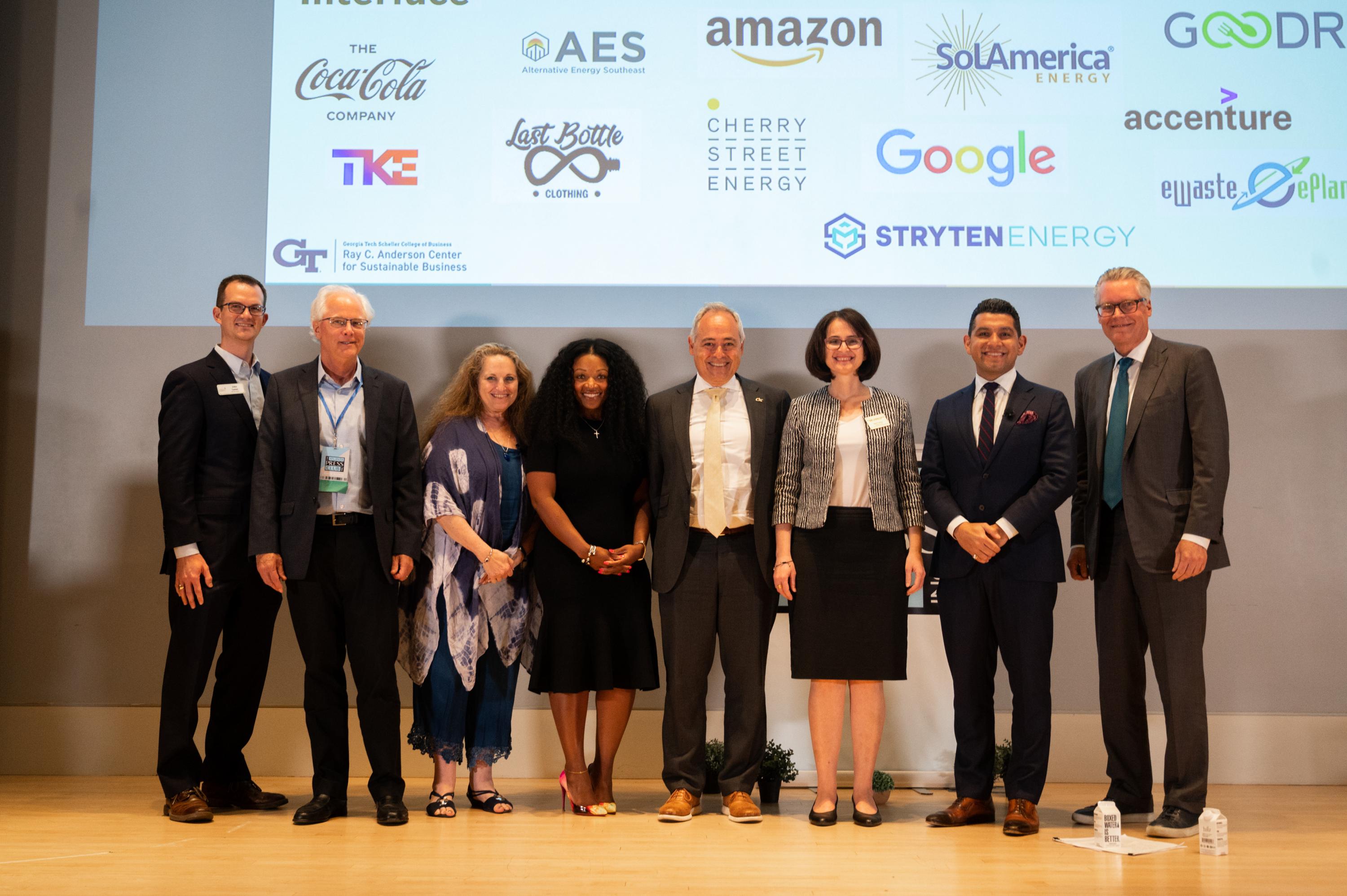 Left to right: John Lanier, executive director of the Ray C. Anderson Foundation; Ken Foskett, chair of the Atlanta Press Club Board of Directors; Maria Saporta, editor of SaportaReport; Quinnie Jenkins, director of community relations for Delta Air Lines; Ángel Cabrera, president of Georgia Tech; Beril Toktay, faculty director of the Ray C. Anderson Center for Sustainable Business; Nick Valencia, CNN national correspondent; and Ed Bastian, CEO of Delta Air Lines